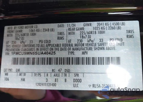 2025 Ford Escape St-Line z USA, uszkodzony, nr VIN 1FMCU9MN6SUA40425